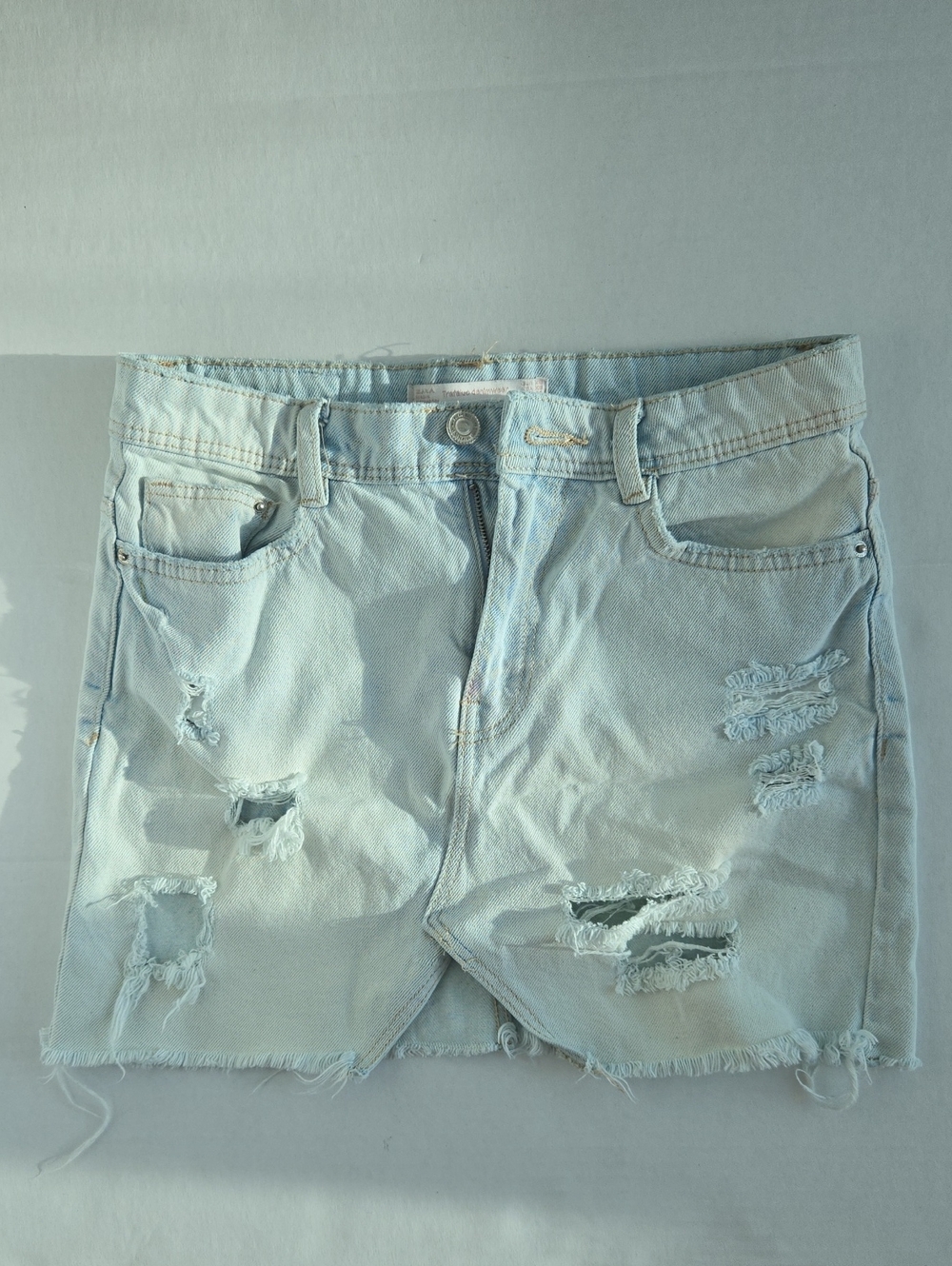 Zara Light Blue Distressed Denim Mini Skirt